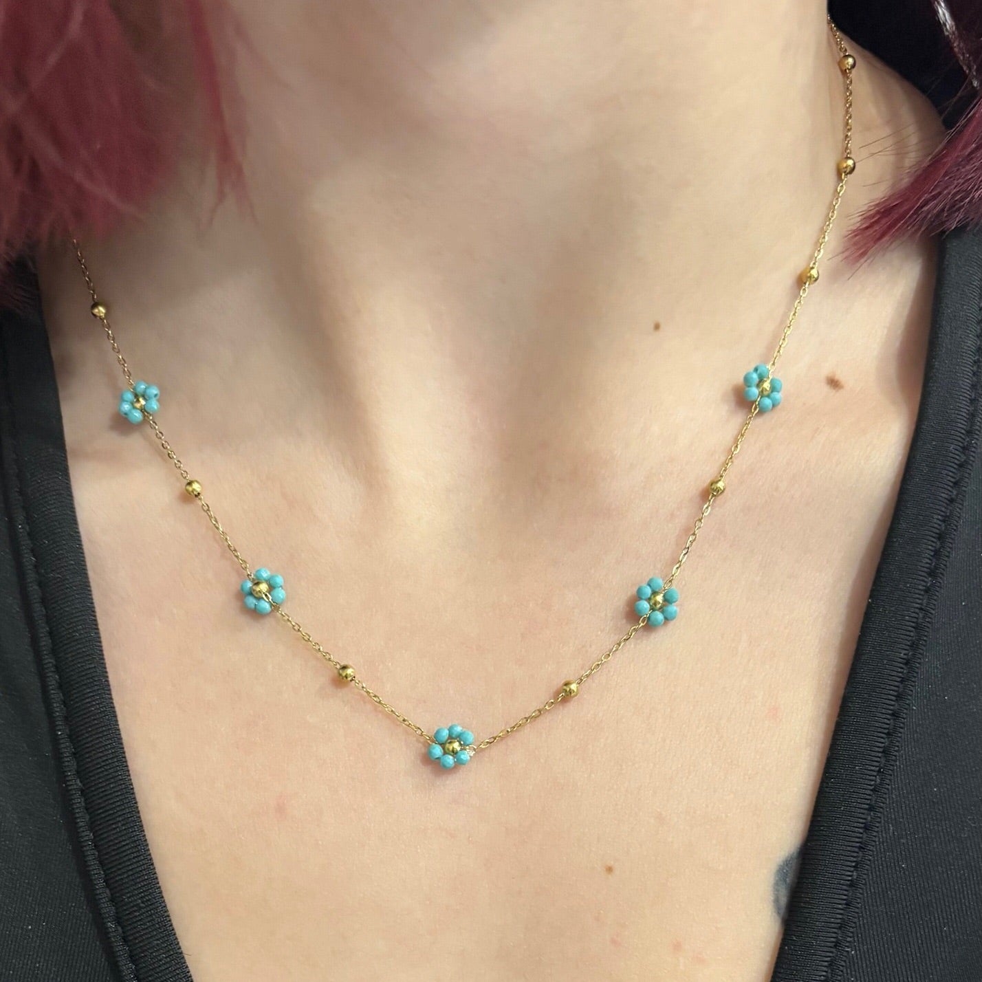 Collier Fleur bleu ciel